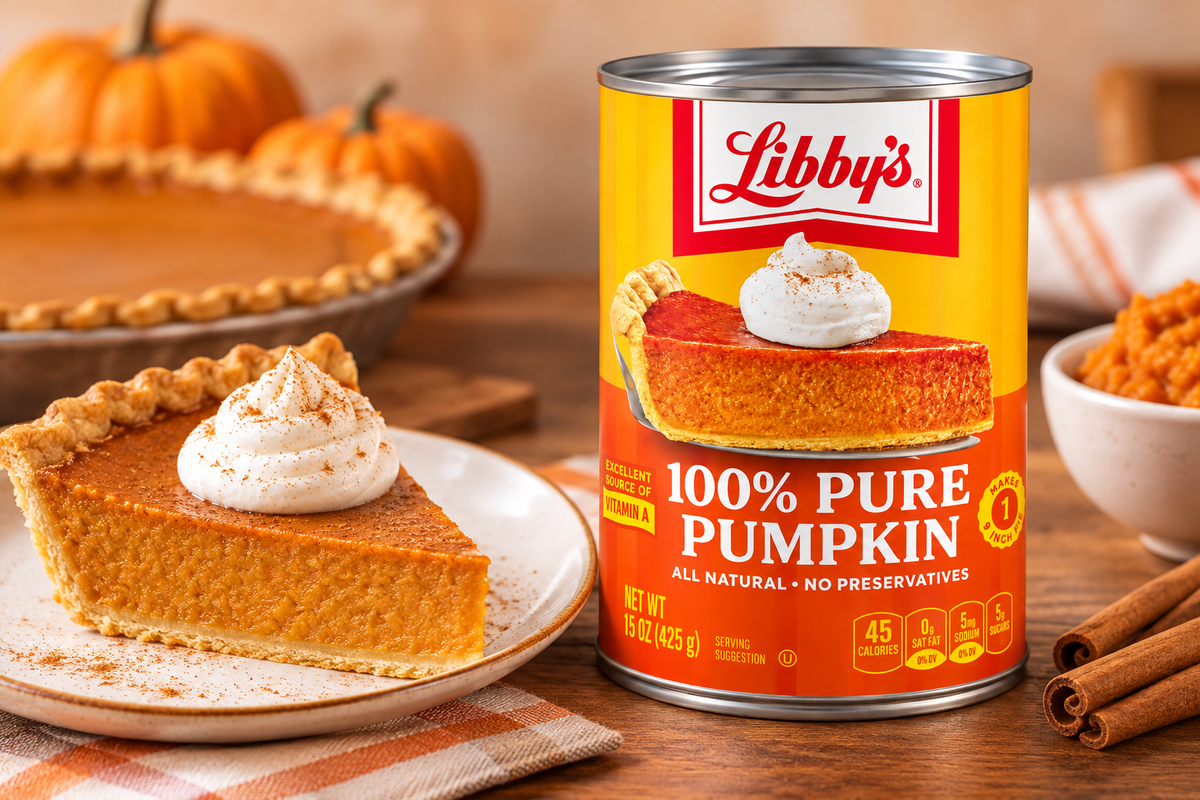 Libby’s 100% Pure Pumpkin 425g can with pumpkin pie, fresh pumpkins and pumpkin puree, showcasing an American baking ingredient.