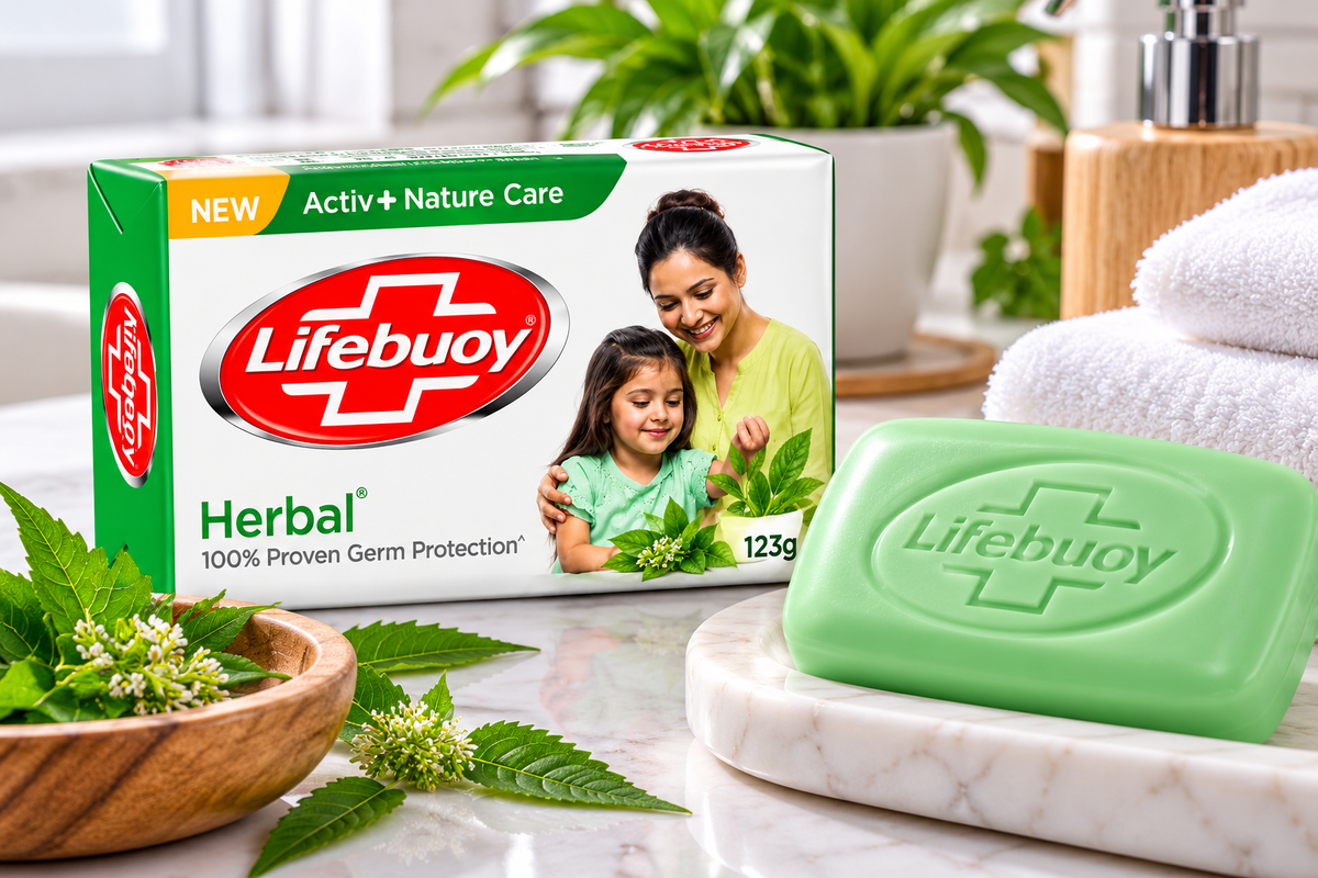 Lifebuoy Herbal Soap 123g package displayed on a clean bathroom countertop alongside a green herbal soap bar, fresh green leaves, a folded white towel, and natural botanical accessories. The white and green wrapper features the red Lifebuoy logo, Herbal branding, Activ+ Nature Care label, and germ protection messaging, creating a fresh, nature-inspired personal care setting that highlights the soap for everyday bathing and family hygiene.