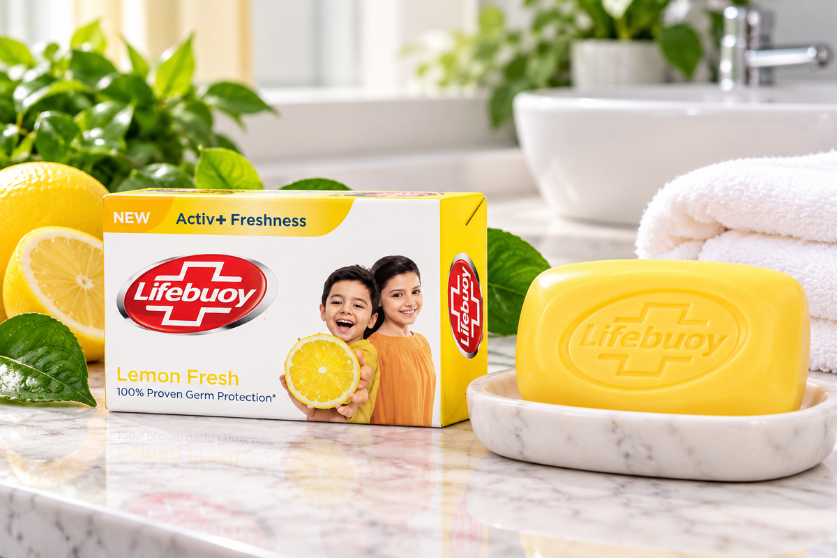Lifebuoy Lemon Fresh Soap 123g box displayed beside a yellow Lifebuoy soap bar on a marble bathroom countertop with fresh lemons, green leaves and a folded white towel.Lifebuoy Lemon Fresh Soap 123g box displayed beside a yellow Lifebuoy soap bar on a marble bathroom countertop with fresh lemons, green leaves and a folded white towel.