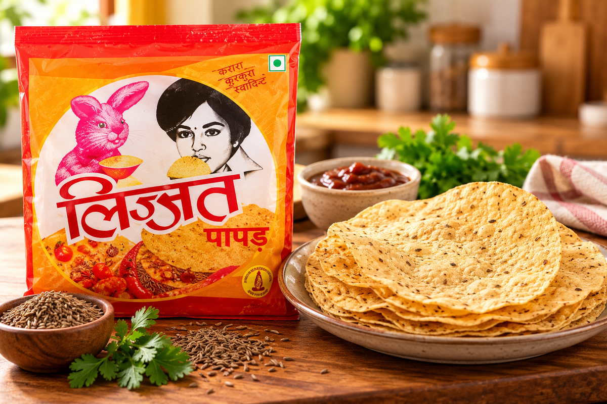 Lijjat Zeera Poppadoms 200g single pack displayed with crispy cumin papad on a plate and chutney.