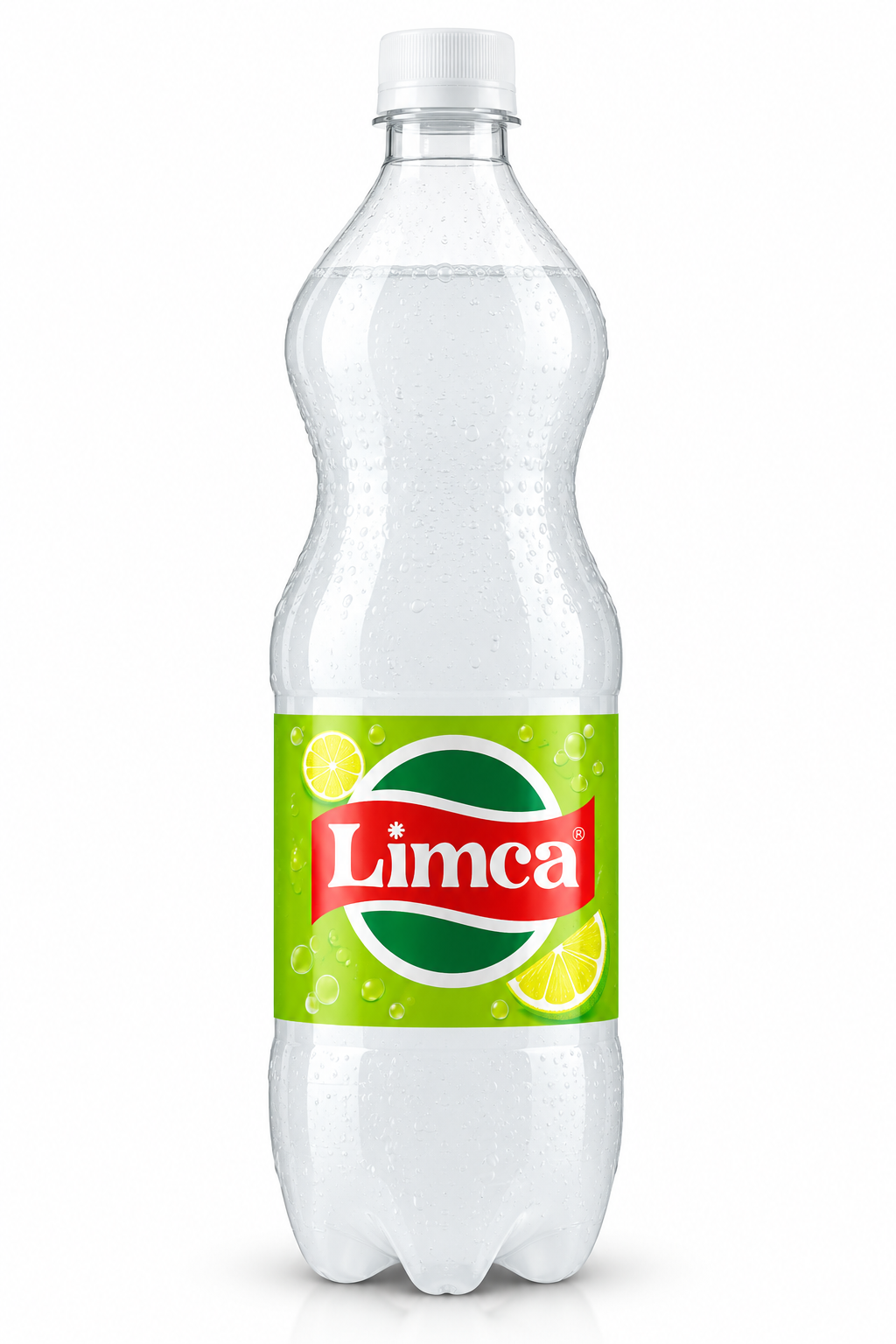 Limca Lemon-Lime Soda 500ml plastic bottle featuring a green cap, clear bottle, red and green Limca branding, lime slice illustrations, and a refreshing lemon-lime drink.