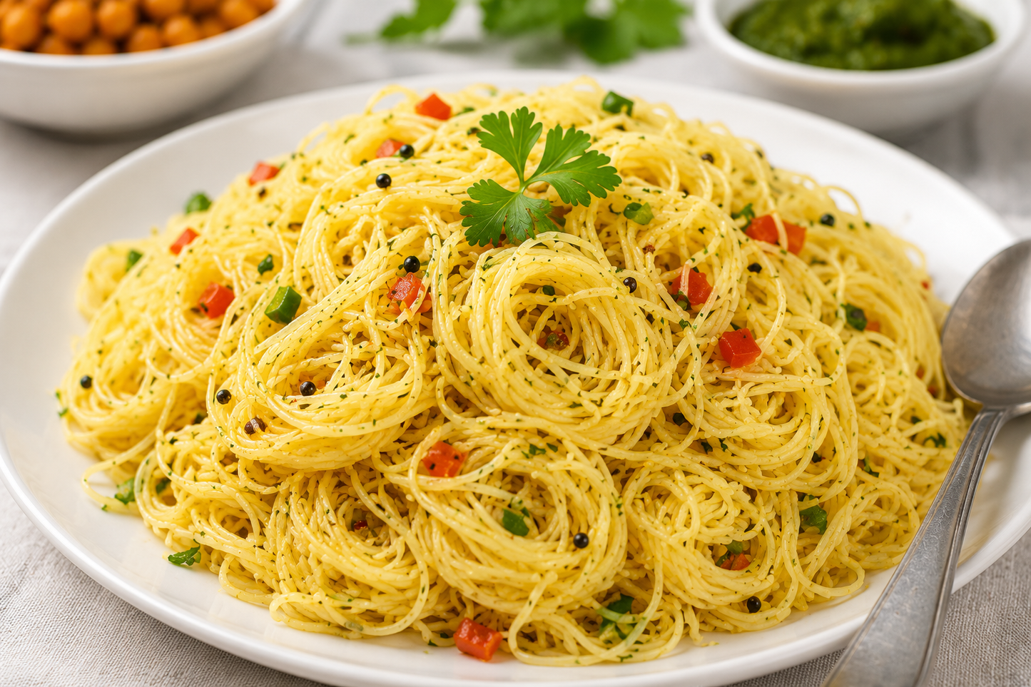 Luigi Tomadini Durum Wheat Pasta Nests prepared and served on a white plate with herbs and vegetables, authentic Italian pasta made from premium semolina durum wheat.