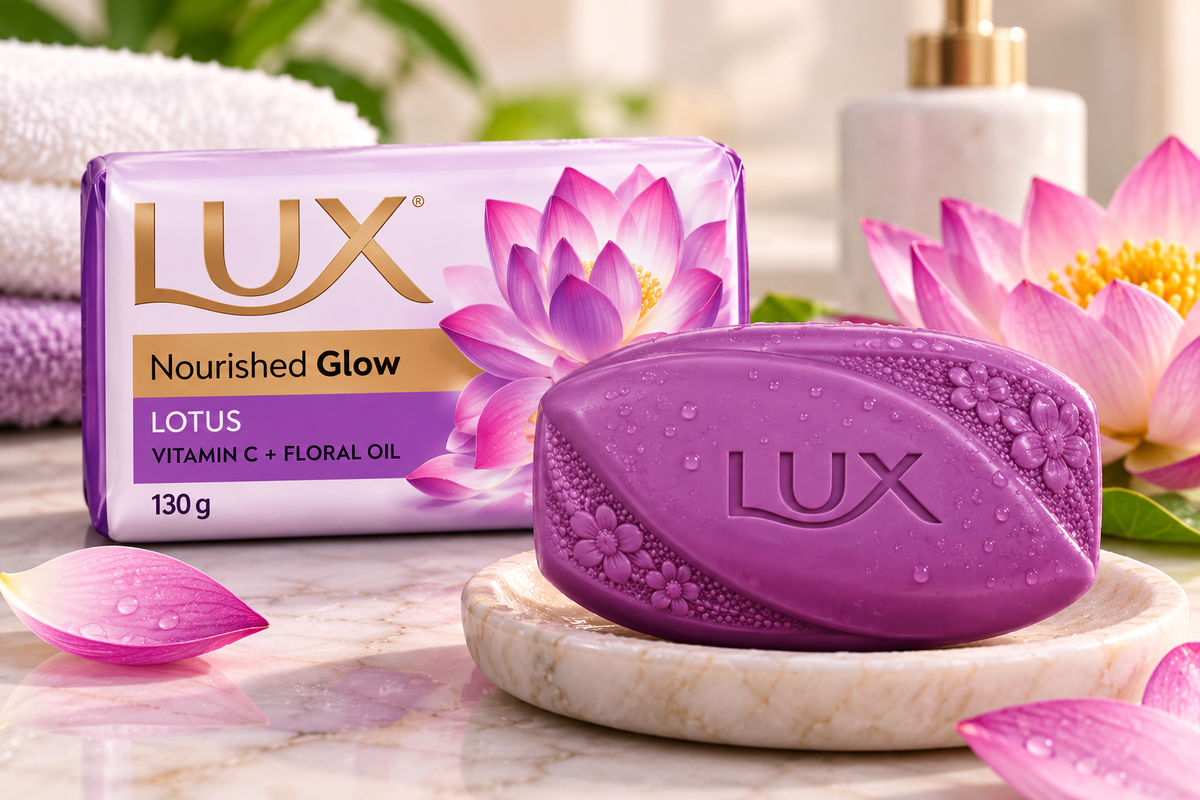 Lux Nourished Glow Lotus Soap 130g featuring a glossy purple soap bar with embossed Lux branding, paired with its lavender and gold packaging decorated with pink and purple lotus flowers. Displayed on a marble soap dish alongside fresh lotus petals, soft towels, green leaves, and a bathroom dispenser in a bright, spa-inspired setting, highlighting the floral beauty soap for a refreshing and luxurious daily bathing routine.