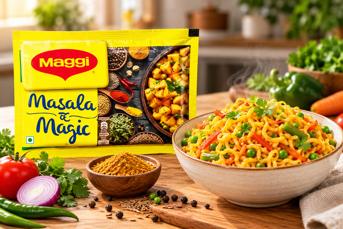 Maggi Masala ae Magic seasoning pouch displayed beside a bowl of masala noodles with fresh vegetables, tomatoes, green chillies and Indian spices.