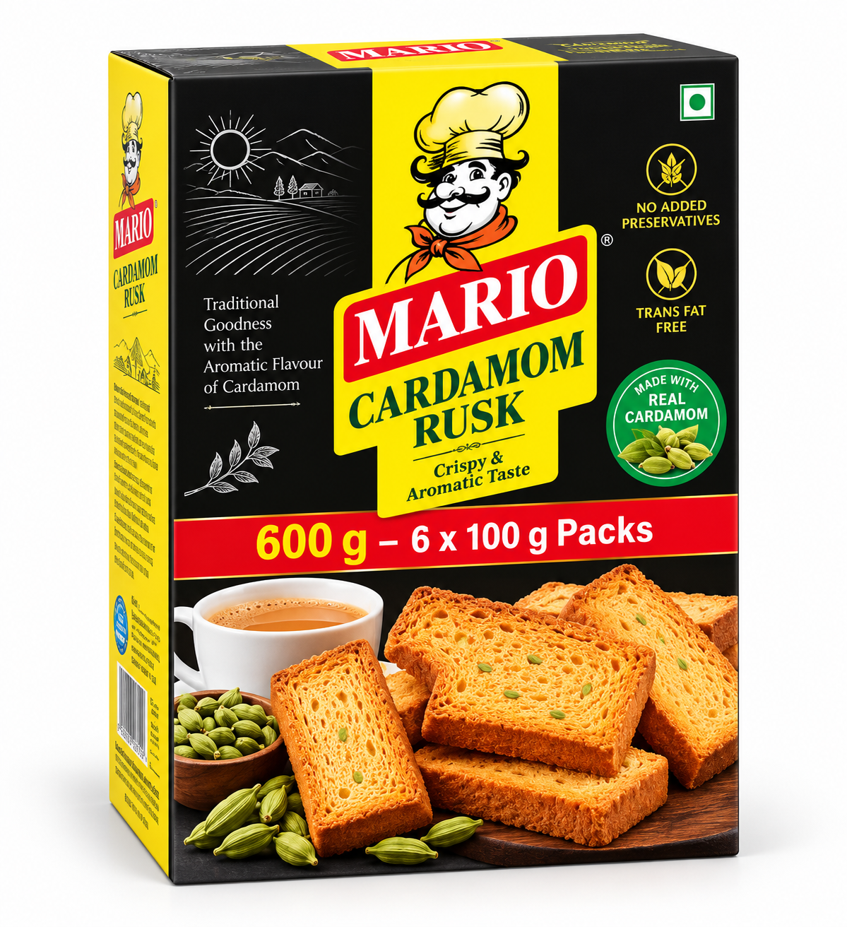 Mario Cardamom Rusk 600g pack featuring crispy golden cardamom-flavoured rusks, green cardamom pods, and a cup of tea in black and yellow packaging.