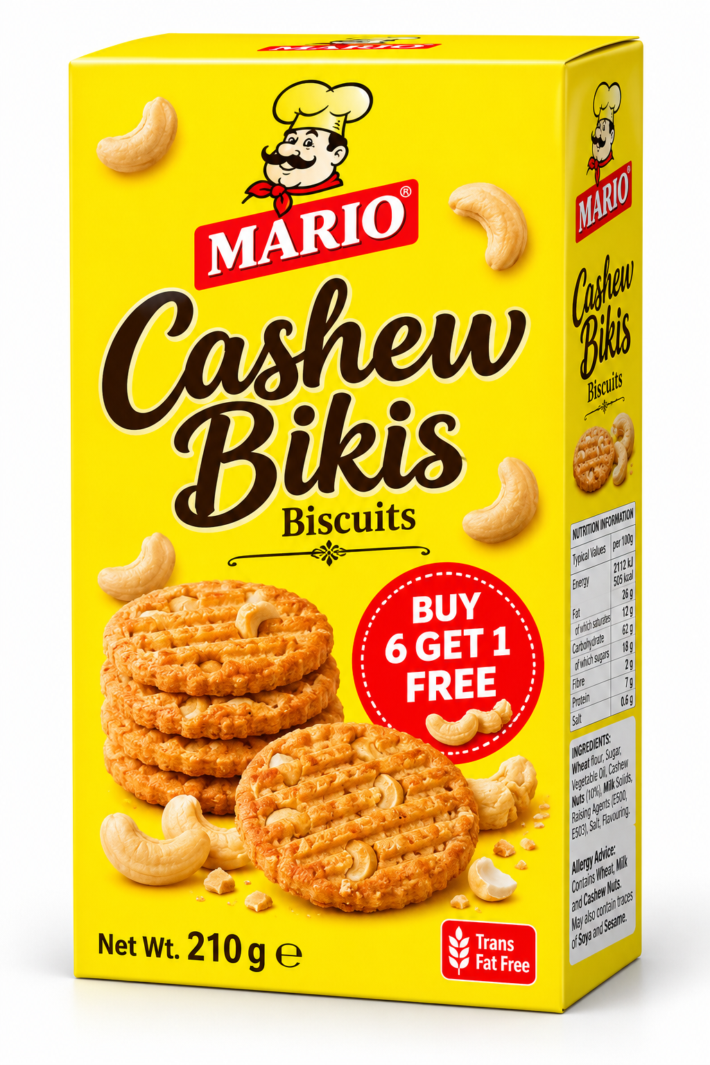 Mario Cashew Bikis Biscuits 210g pack featuring golden, crunchy cashew biscuits and cashew nuts in bright yellow packaging.