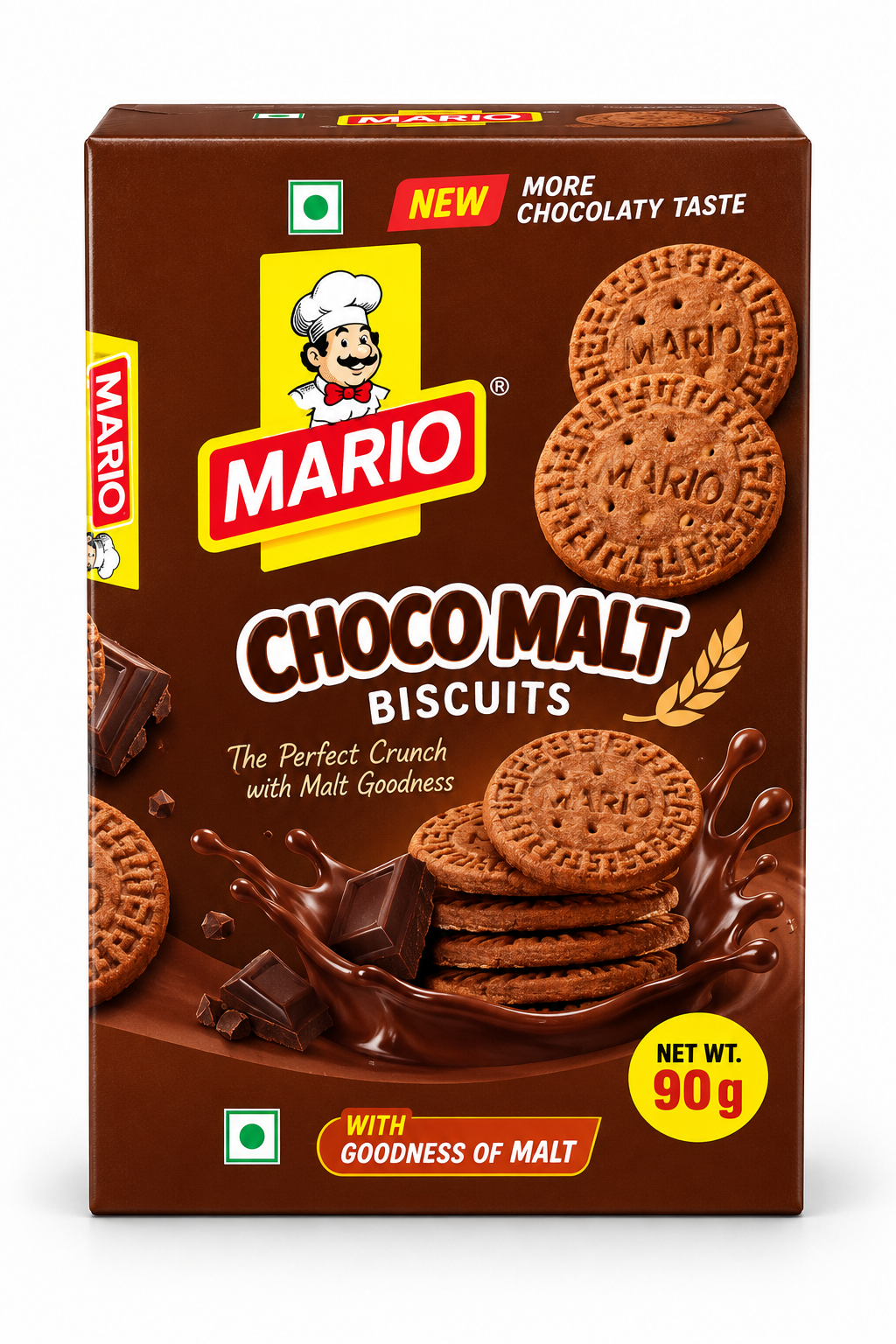 Mario Choco Malt Biscuits 90g pack featuring crunchy chocolate malt biscuits with rich chocolate imagery in brown packaging.