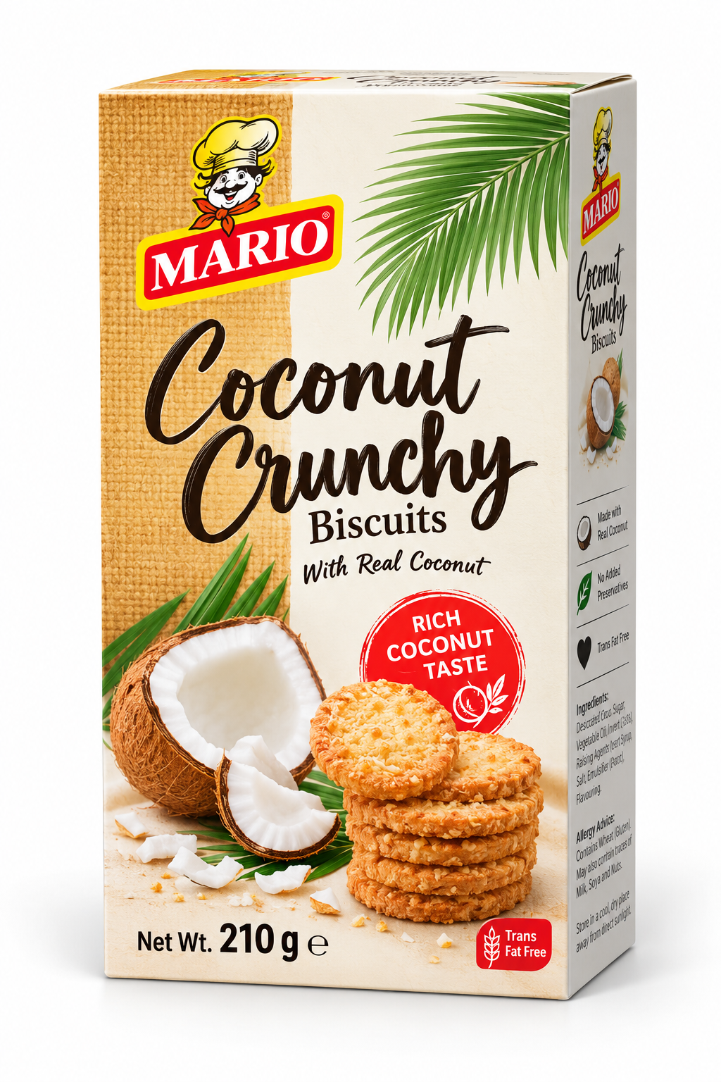 Mario Coconut Crunchy Biscuits 210g pack featuring crispy golden coconut biscuits and fresh coconut halves in cream and green packaging.