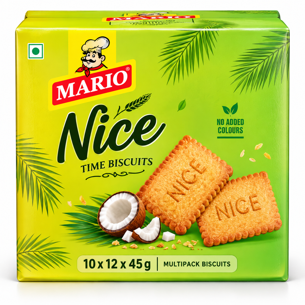 Mario Nice Time Biscuits 540g multipack featuring golden, crispy coconut biscuits in bright green packaging with coconut imagery.
