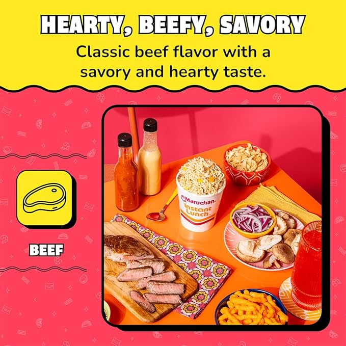 Maruchan Instant Lunch Beef Noodles packaging showing beef-flavored ramen
