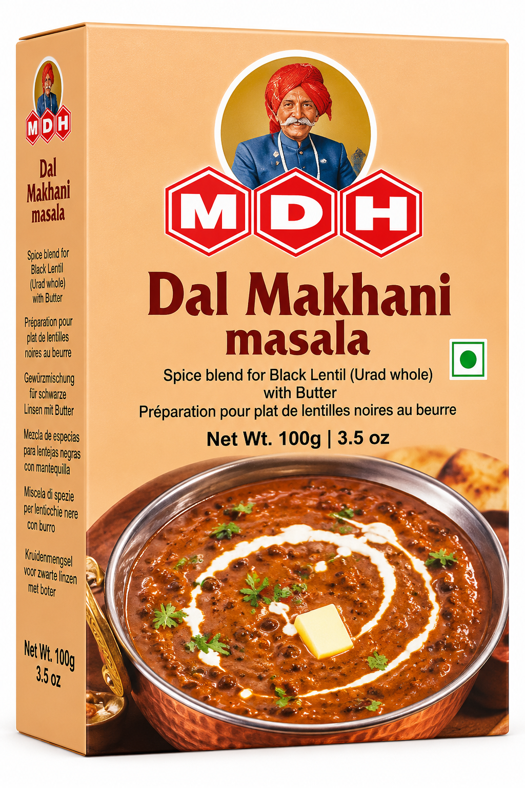 MDH Dal Makhani Masala 100g spice packet featuring beige packaging, red MDH branding, and a photograph of creamy black lentil dal makhani garnished with cream, butter, and fresh coriander.