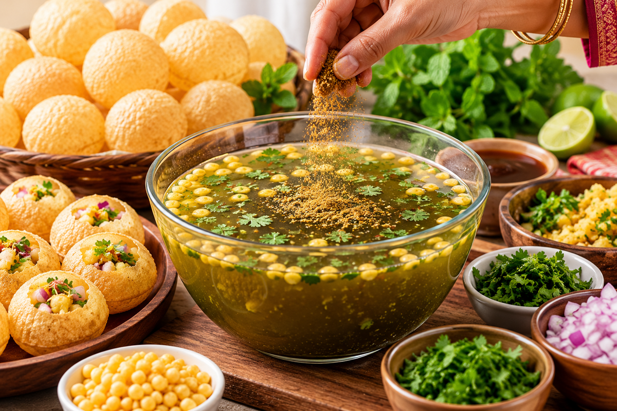 Traditional Indian pani puri served with crispy hollow puris, a bowl of green-brown spiced pani, fresh coriander, chickpeas, chopped onions, lime, and chutneys arranged on a wooden table. MDH Pani Puri Masala is sprinkled into the spiced water to help prepare tangy, flavorful pani puri at home.