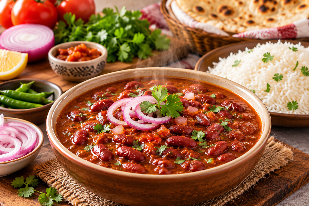 A bowl of rich Indian rajma curry made with red kidney beans in a thick, spiced tomato gravy, garnished with fresh coriander and sliced red onions. Served with steamed white rice, flatbread, green chilies, and lemon, this lifestyle image showcases a traditional rajma meal associated with MDH Rajmah Masala spice blend.