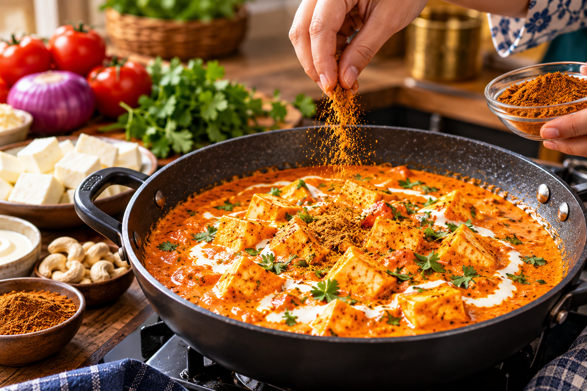 Homemade Indian shahi paneer curry simmering in a black cooking pan, prepared with paneer cubes in a rich orange tomato-based gravy, garnished with cream and fresh coriander. MDH Shahi Paneer Masala spice powder is being sprinkled over the curry to enhance its flavor and aroma, with onions, tomatoes, yogurt, spices, and other cooking ingredients arranged on the kitchen counter.