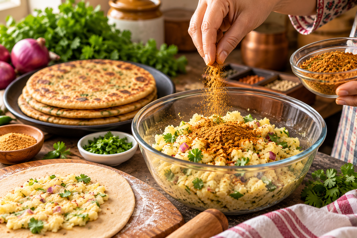 Homemade stuffed Indian parathas being prepared with MDH Stuffed Parantha Masala spice blend. A hand sprinkles aromatic brown spices over a bowl of seasoned potato filling with chopped herbs and onions, ready to be spread onto flatbread dough. Golden, pan-cooked parathas are stacked in the background alongside fresh coriander, onions, and small bowls of spices, creating a traditional Indian kitchen cooking scene.