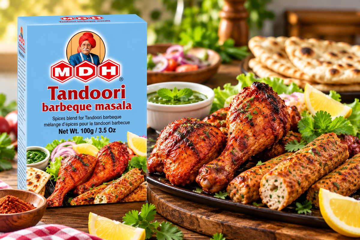 MDH Tandoori Barbecue Masala 100g packet displayed beside a platter of freshly grilled tandoori chicken drumsticks and kebabs in a rustic kitchen setting. The dish is garnished with fresh coriander and served with lemon wedges, green chutney, salad, and naan bread. The blue MDH masala packet is clearly visible alongside the prepared barbecue meal, showcasing the spice blend for Indian-style grilled chicken, kebabs, and other tandoori-inspired recipes.