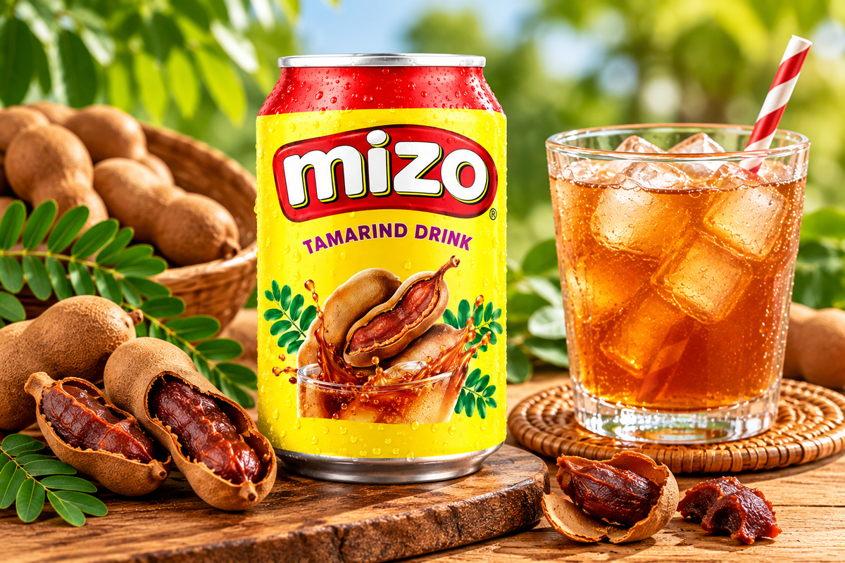 Mizo Tamarind Drink can beside a glass of amber tamarind beverage with ice cubes, fresh tamarind pods and green leaves.