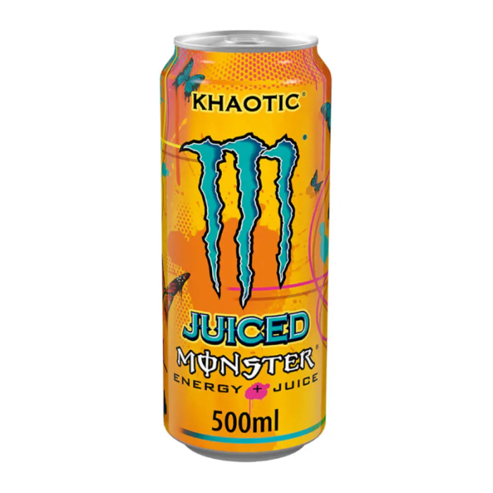 Monster Juiced Khaotic 500ml can, featuring a vibrant tropical fruit design and offering a refreshing mix of pineapple, passion fruit, and citrus flavors for an energizing boost.