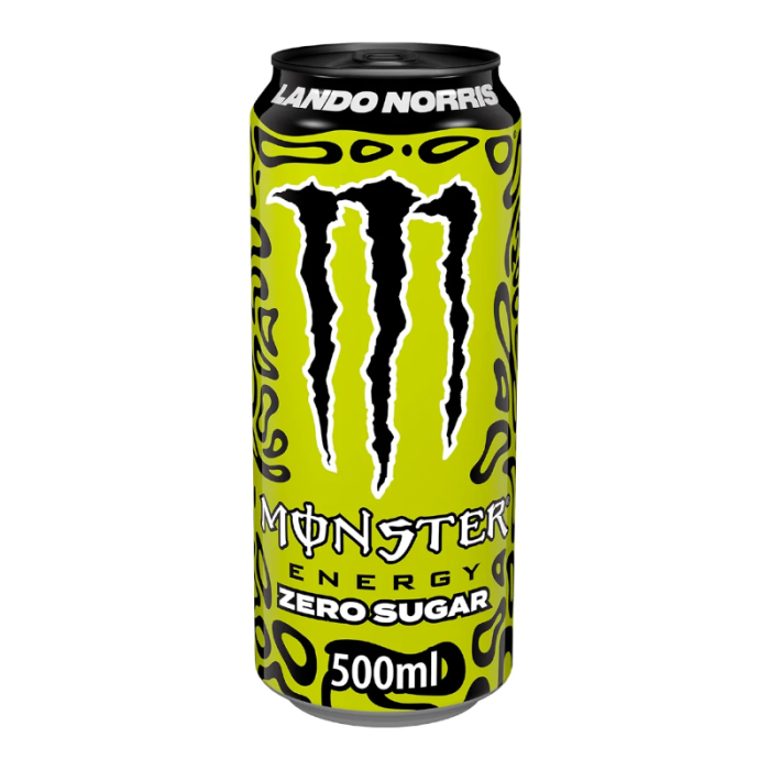 A 500ml can of Monster Zero Lando Norris Edition energy drink, featuring a striking design with Lando Norris' branding and Formula 1-inspired elements. The can is primarily black with vibrant accents and a sleek, modern look. This limited-edition, sugar-free drink provides a refreshing energy boost with a unique flavor, packed with caffeine, taurine, and B-vitamins.