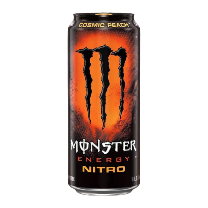Monster Nitro Cosmic Peach 500ml can, featuring a smooth peach flavor with a nitrogen infusion for a creamier texture and a refreshing energy boost.