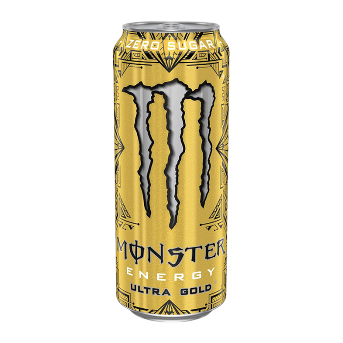 Monster Ultra Gold 500ml can, featuring a vibrant pineapple and citrus flavor with zero sugar for a refreshing and energizing tropical drink.