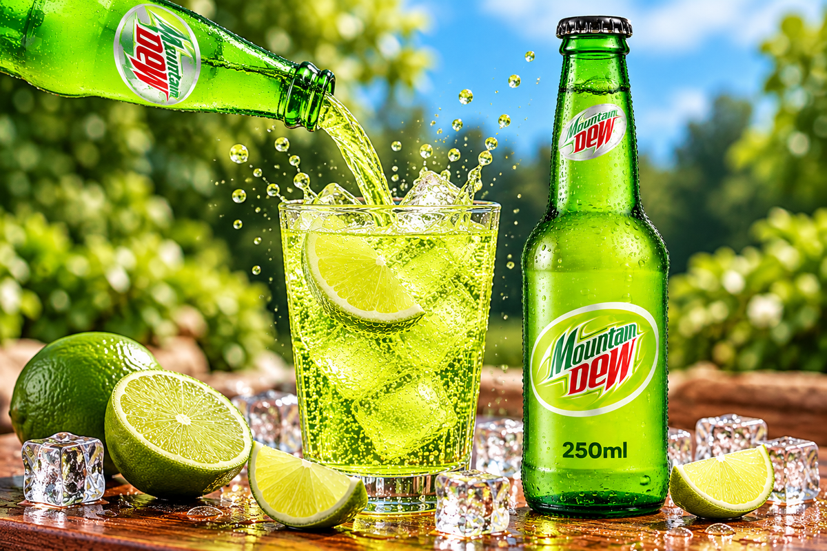 Mountain Dew soft drink being poured from a green glass bottle into an ice-filled glass, surrounded by fresh lime wedges, sparkling droplets and ice cubes.