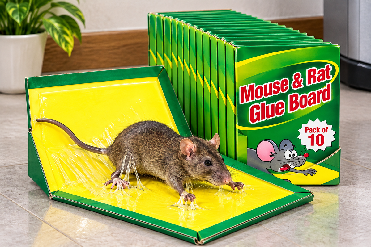 Mouse and Rat Glue Board Pack of 10 shown on a household floor with green and yellow packaging