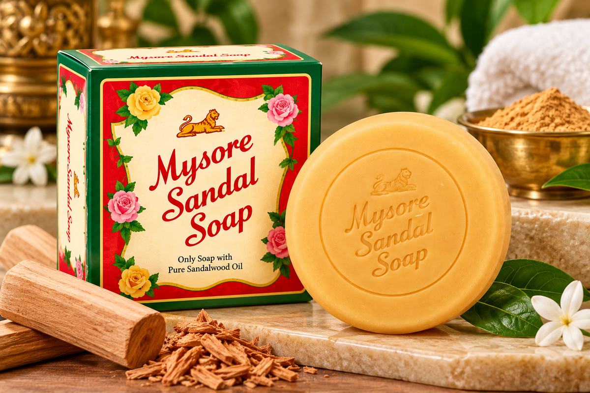 Mysore Sandal Soap 75g with embossed sandalwood soap bar, traditional packaging and natural sandalwood spa setting