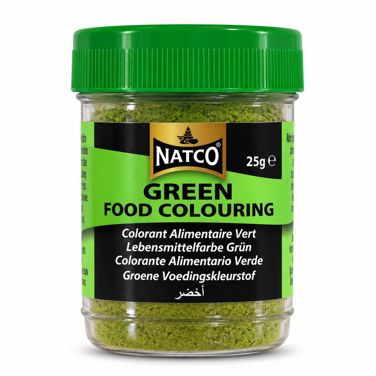 Natco Green Food Colouring 25g jar with a green screw-top lid and green and black label, ideal for adding green colour to cakes, baking, desserts, sweets, icing and homemade food recipes.
