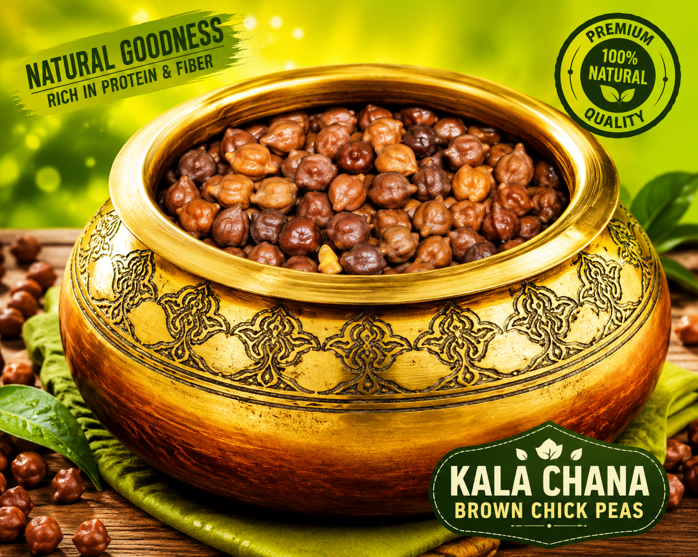 Premium serving image of Natco Kala Chana (Brown Chick Peas) in a traditional decorative bowl, naturally rich in protein and fibre for healthy meals.