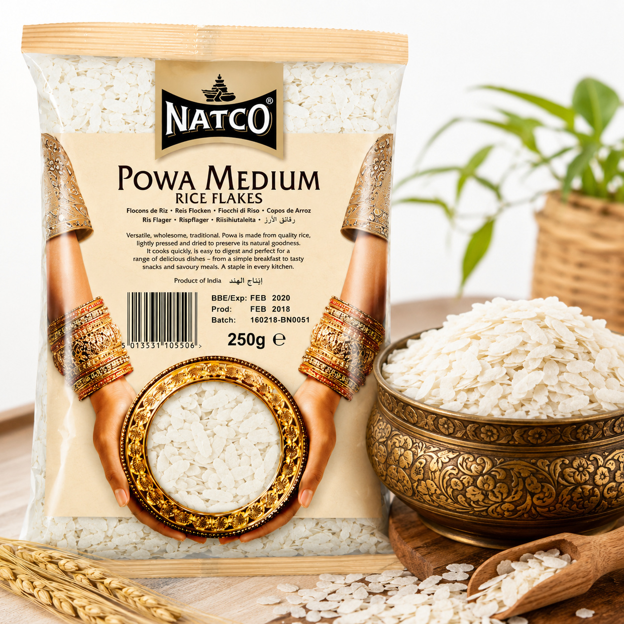 Premium lifestyle image of Natco Powa Medium Rice Flakes 250g displayed with a traditional decorative bowl and wooden scoop, showcasing high-quality rice flakes perfect for nutritious everyday cooking.