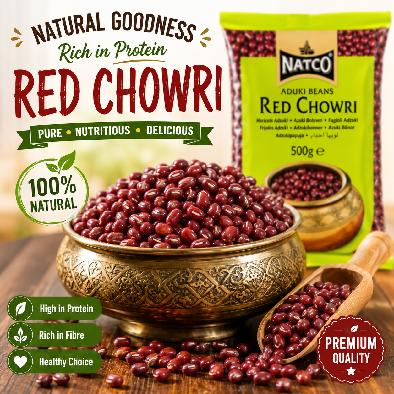 Premium serving image of Natco Red Chowri Aduki Beans displayed in an ornate traditional bowl, naturally rich in protein, fibre and perfect for nutritious home cooking.