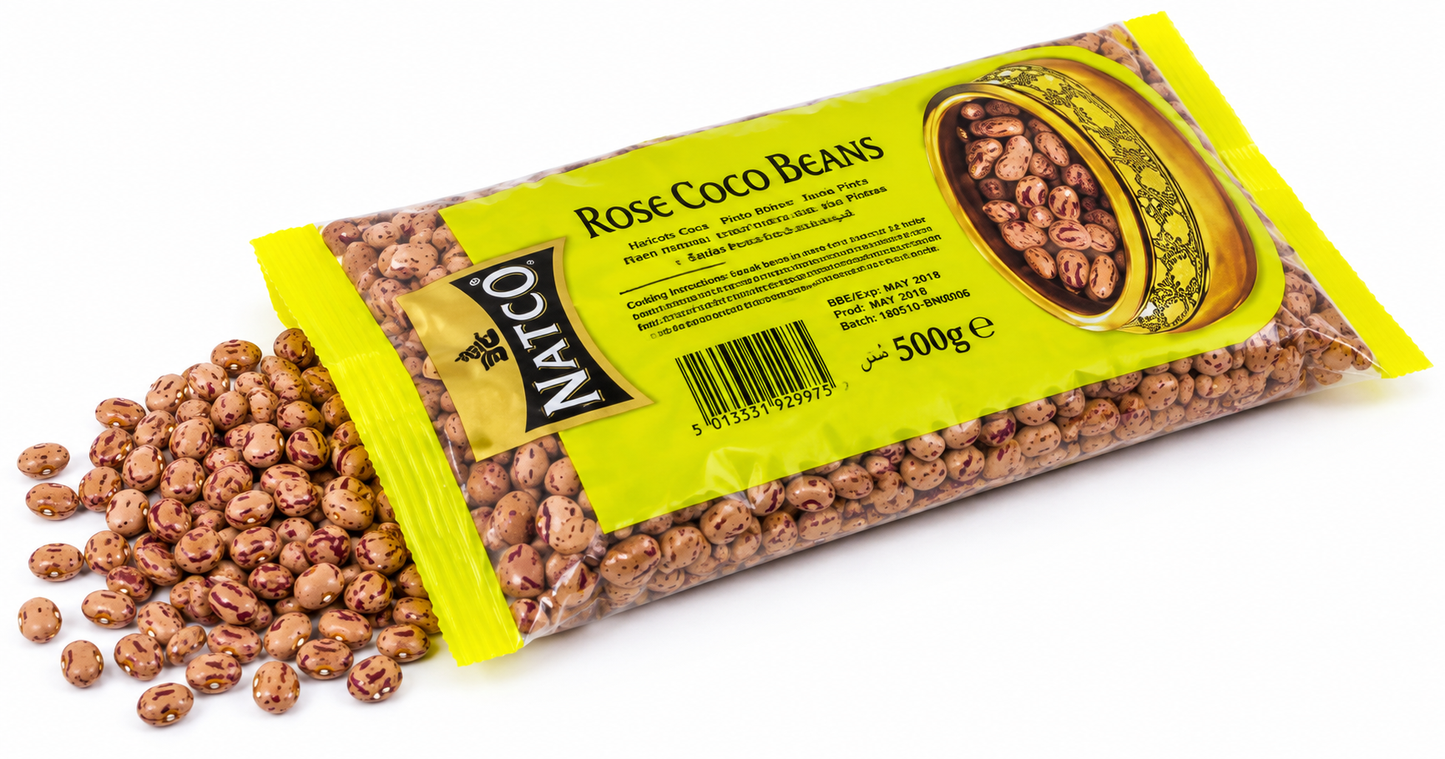 Natco Rose Coco Beans spilling from an opened 500g pack on a white background.