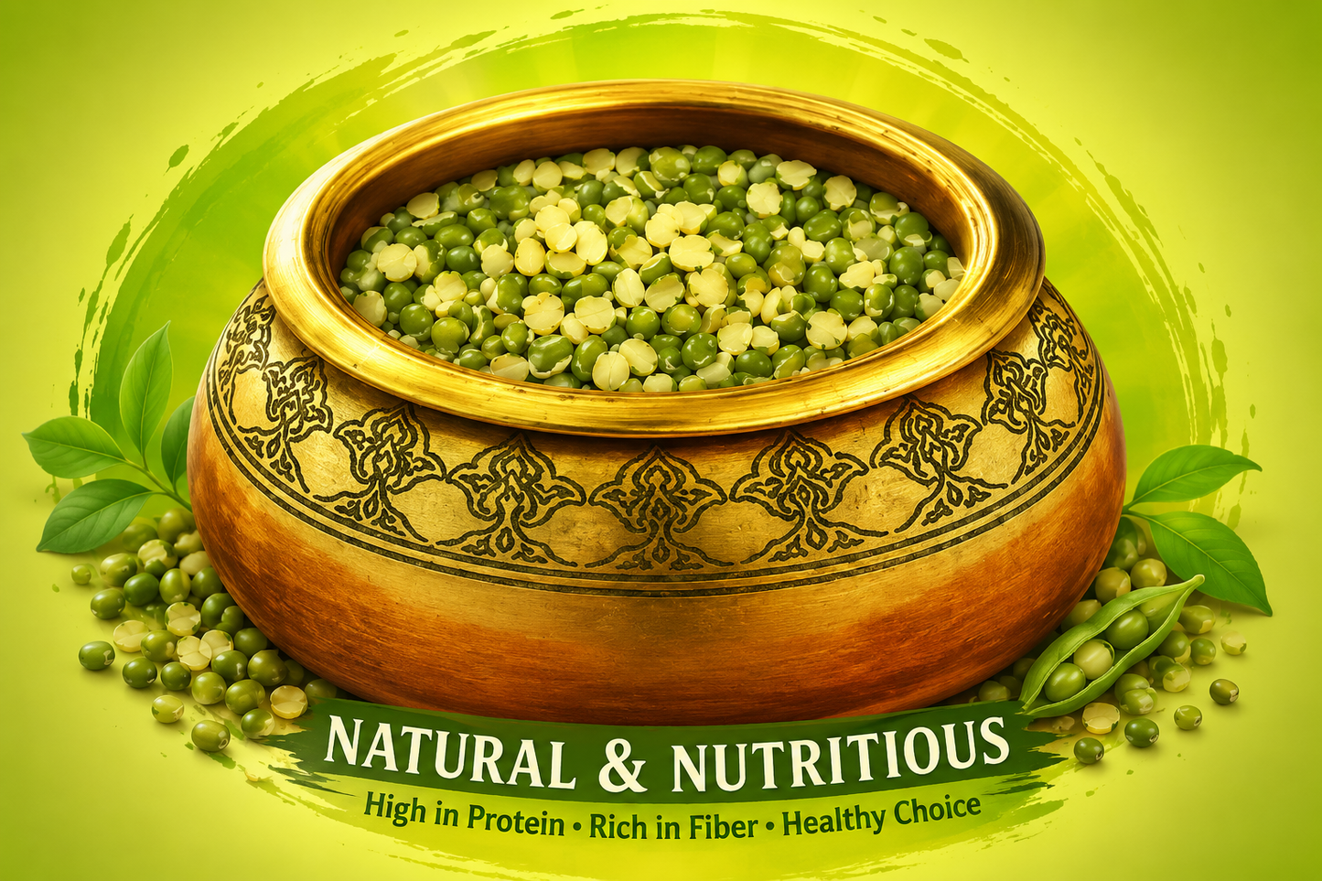 Premium serving image of Natco Split Mung beans presented in a traditional bowl, naturally rich in protein and fibre for healthy cooking.