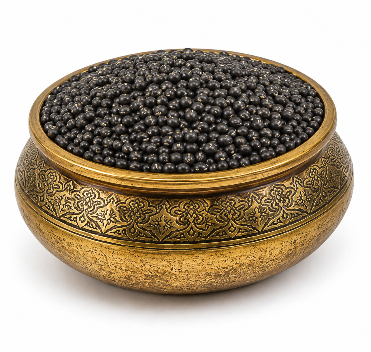 Premium Natco whole urid beans (black gram) displayed in a traditional decorative brass bowl on a white background.