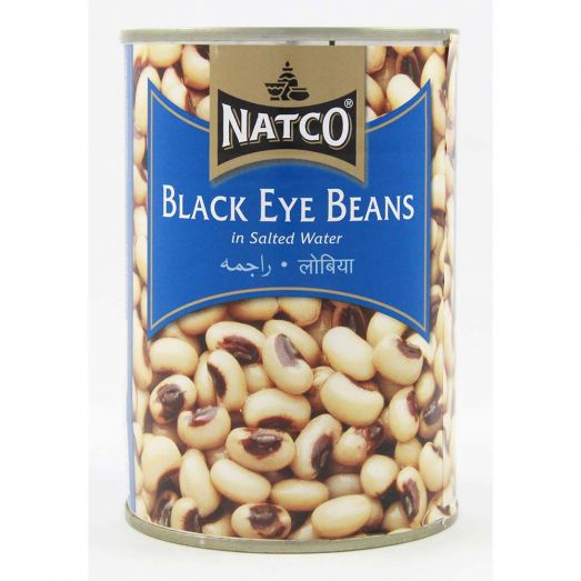 Natco Black Eye Beans 400g tin in salted water with blue label and image of black eyed beans on the front.