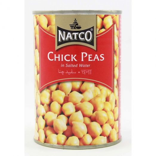 Natco Chick Peas 397g tin in salted water with red label and image of whole chickpeas on the front.