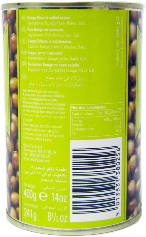 Back label of Natco Gungo Peas 400g can showing ingredients, nutrition information and barcode.