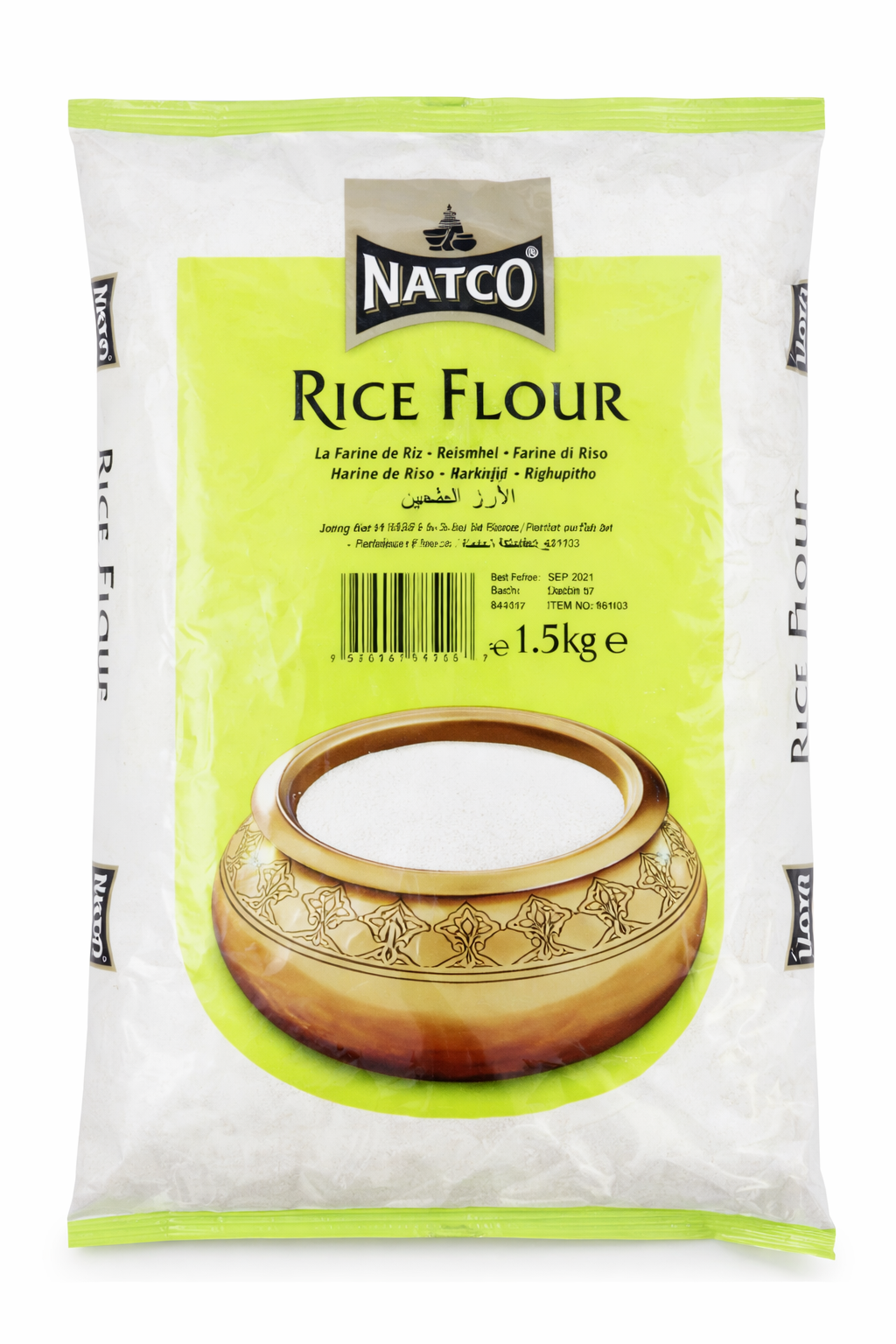 Natco White Rice Flour 1.5kg pack – large white and lime green bag with Natco branding and rice flour bowl illustration on the front.