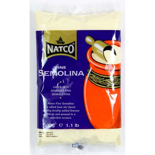 Natco Fine Semolina 500g bag with purple and gold packaging, showing finely milled durum wheat semolina in a clear plastic pack.
