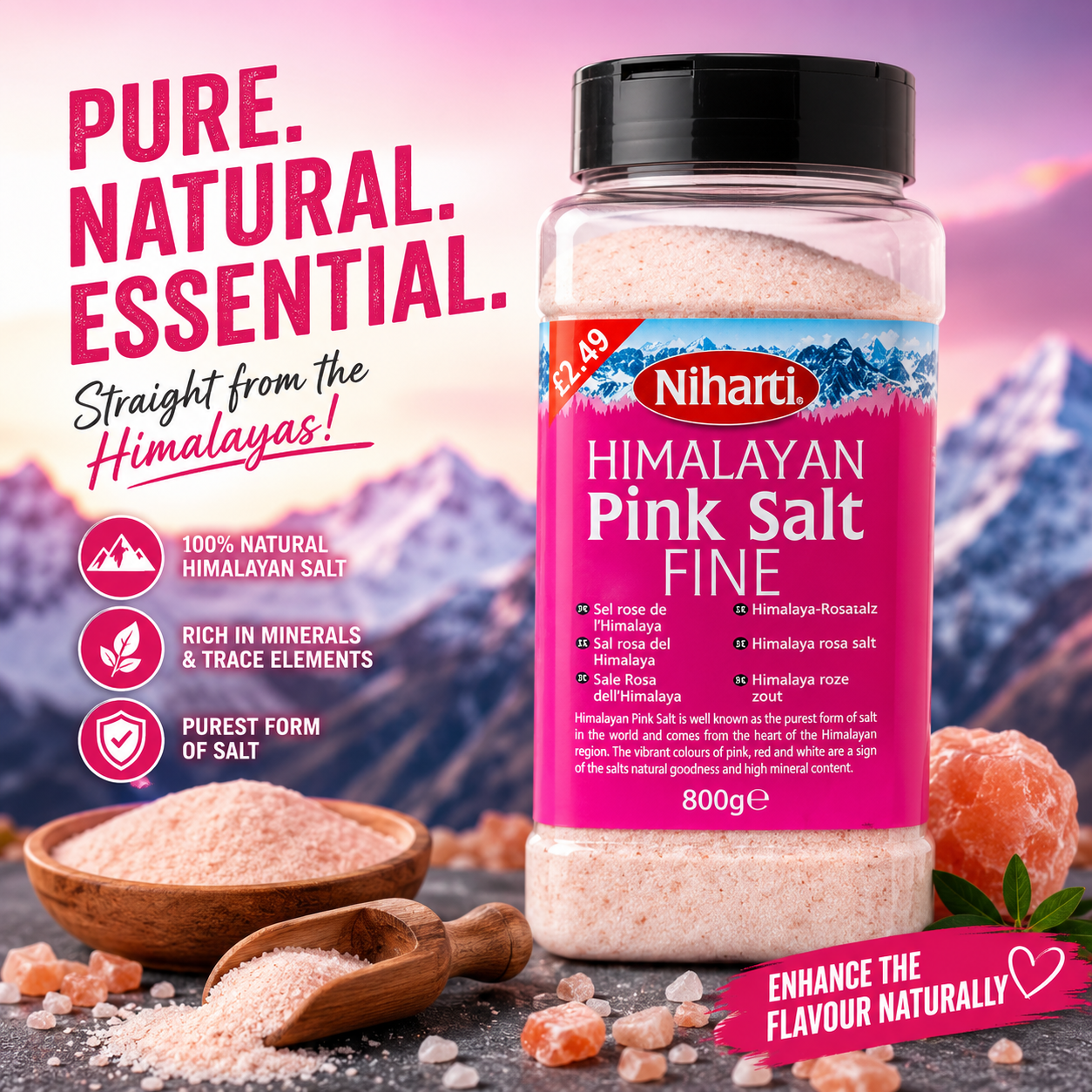 Premium lifestyle image of Niharti Himalayan Pink Salt Fine showcasing its natural purity, mineral-rich composition, and authentic Himalayan origin, beautifully presented with pink salt crystals and culinary styling.