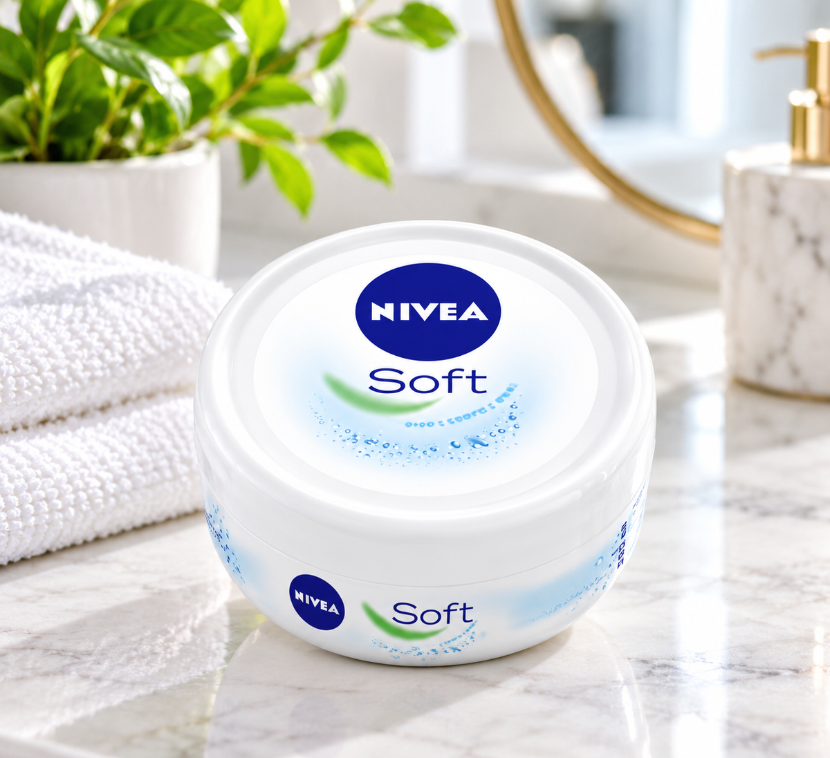 NIVEA Soft moisturizing cream pot displayed on a marble bathroom countertop beside a folded white towel, green plant and skincare accessories in a bright, modern bathroom setting.