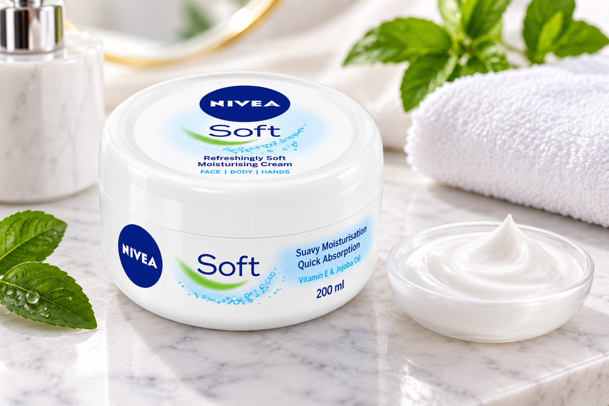 NIVEA Soft Cream 200ml white moisturising cream pot displayed on a marble bathroom counter beside a bowl of white cream, fresh green leaves and a soft white towel.