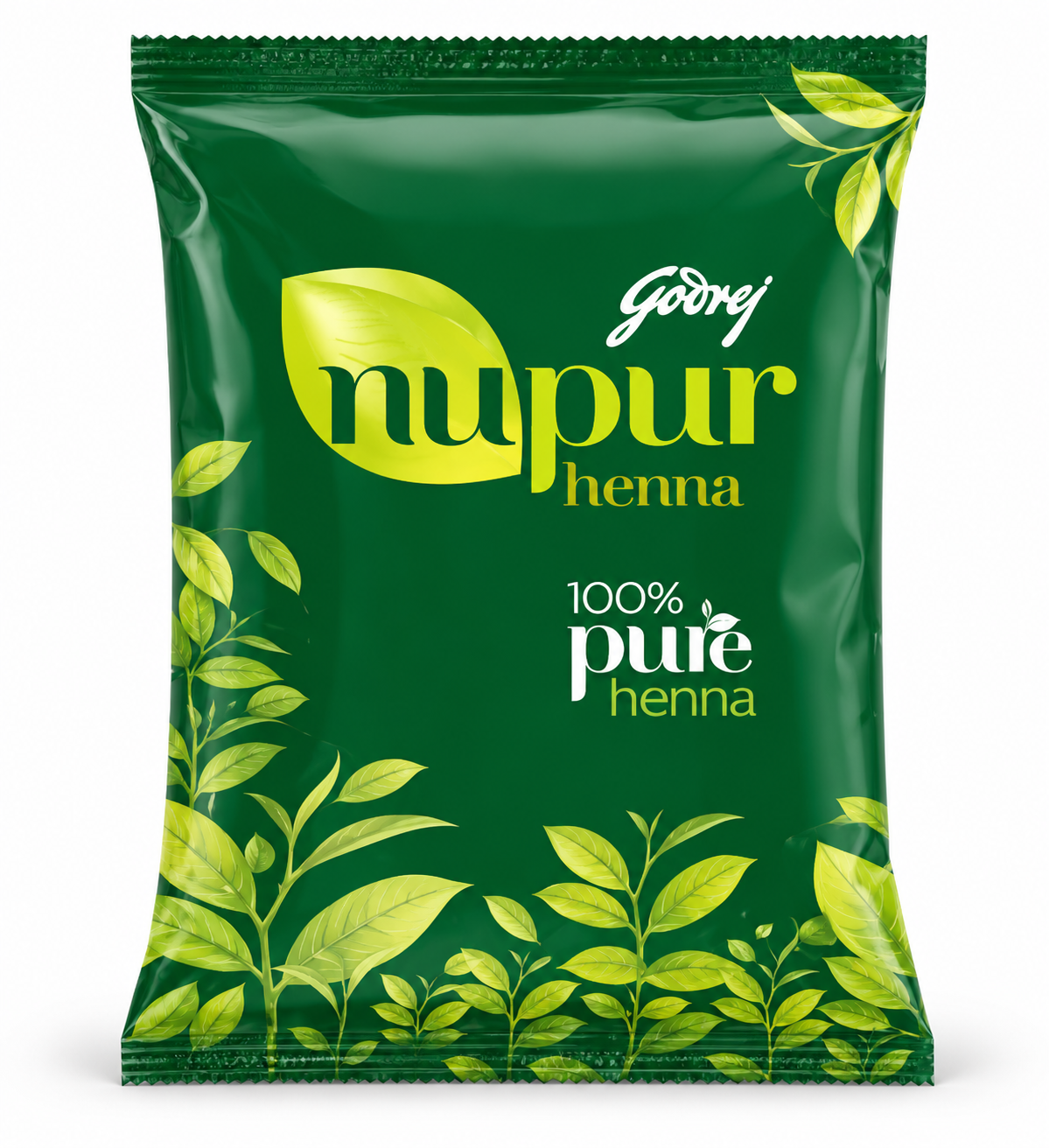 Godrej Nupur Henna 400g in deep green packaging featuring the Godrej Nupur logo, 100% pure henna branding and green botanical leaf illustrations.