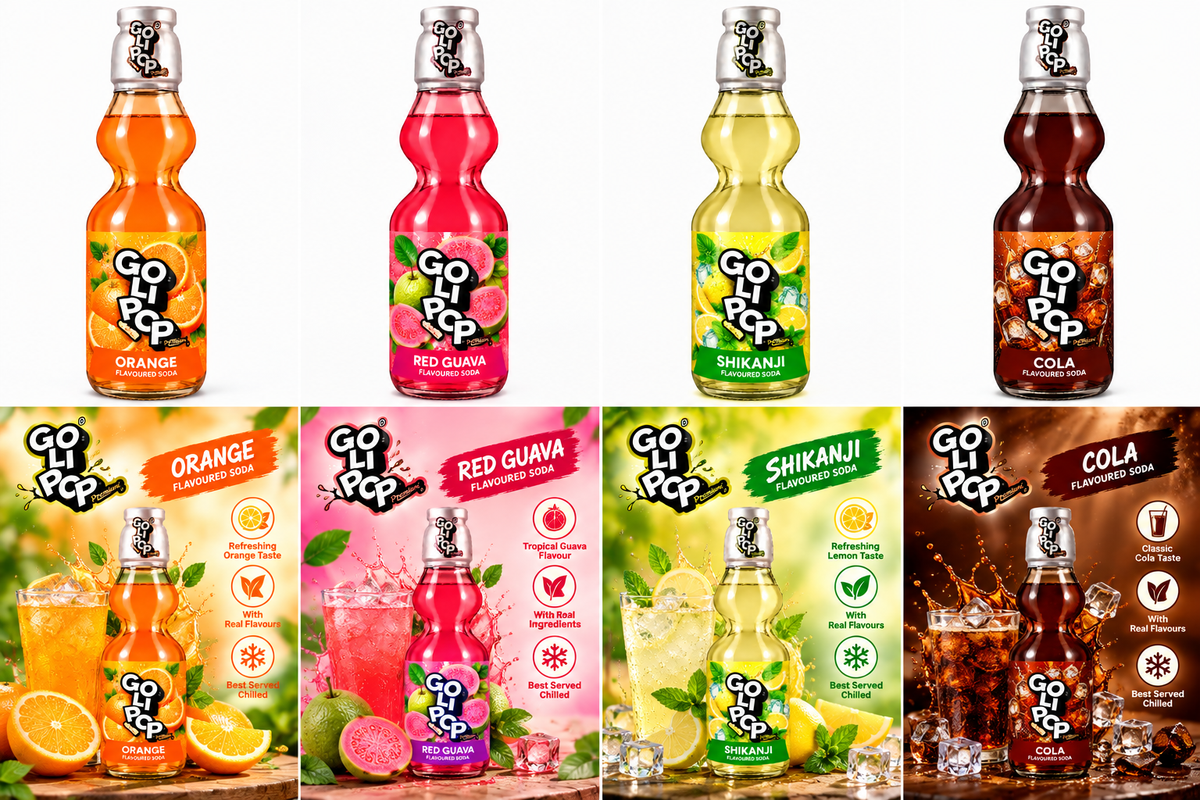 Goli Pop soda flavour collection featuring Orange, Red Guava, Shikanji and Cola bottles with matching fruit illustrations and promotional drink presentations.