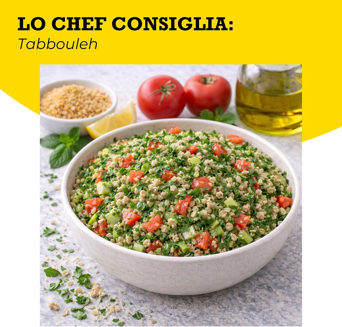 Oltresole Organic Bulgur Tabbouleh recipe – healthy bulgur wheat salad with fresh tomatoes, cucumber, parsley, mint and lemon
