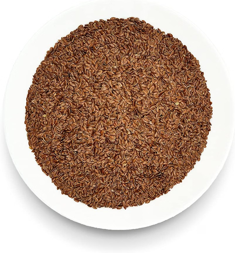Oltresole Organic Flax Seeds Bio 1kg – close-up of whole organic brown flax seeds on a white plate, ideal for breakfast bowls, smoothies, baking and healthy recipes.