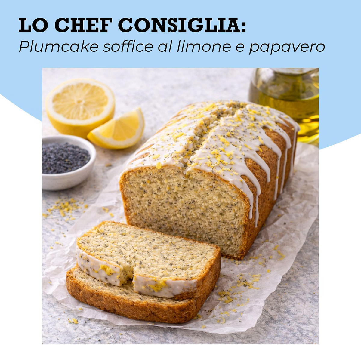 Oltresole Organic Poppy Seeds recipe – soft lemon and poppy seed loaf cake with lemon glaze and zest, showcasing a delicious baking idea using organic poppy seeds.