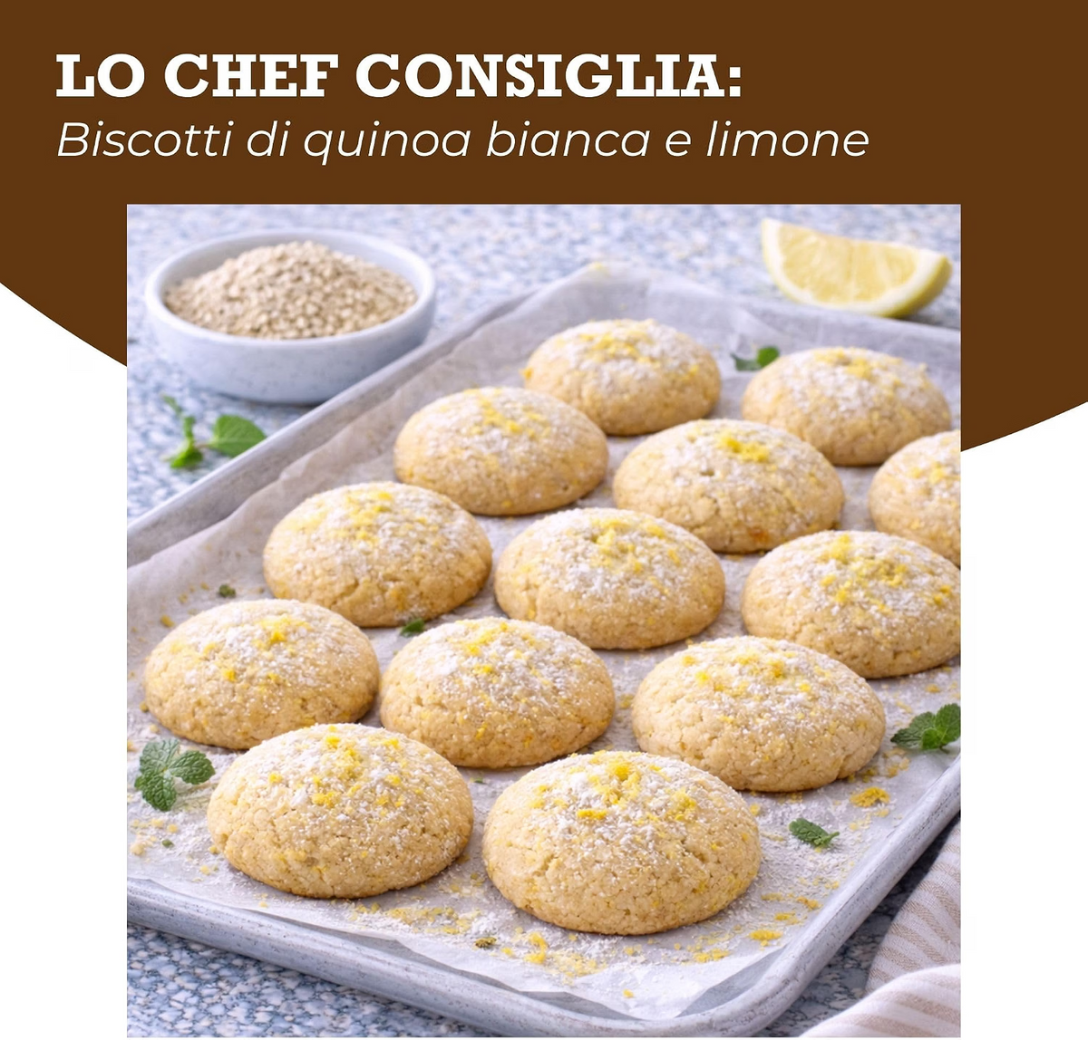 Oltresole Organic Quinoa Flour recipe – homemade white quinoa and lemon biscuits baked with quinoa flour, showing golden gluten-free cookies topped with lemon zest and sugar.