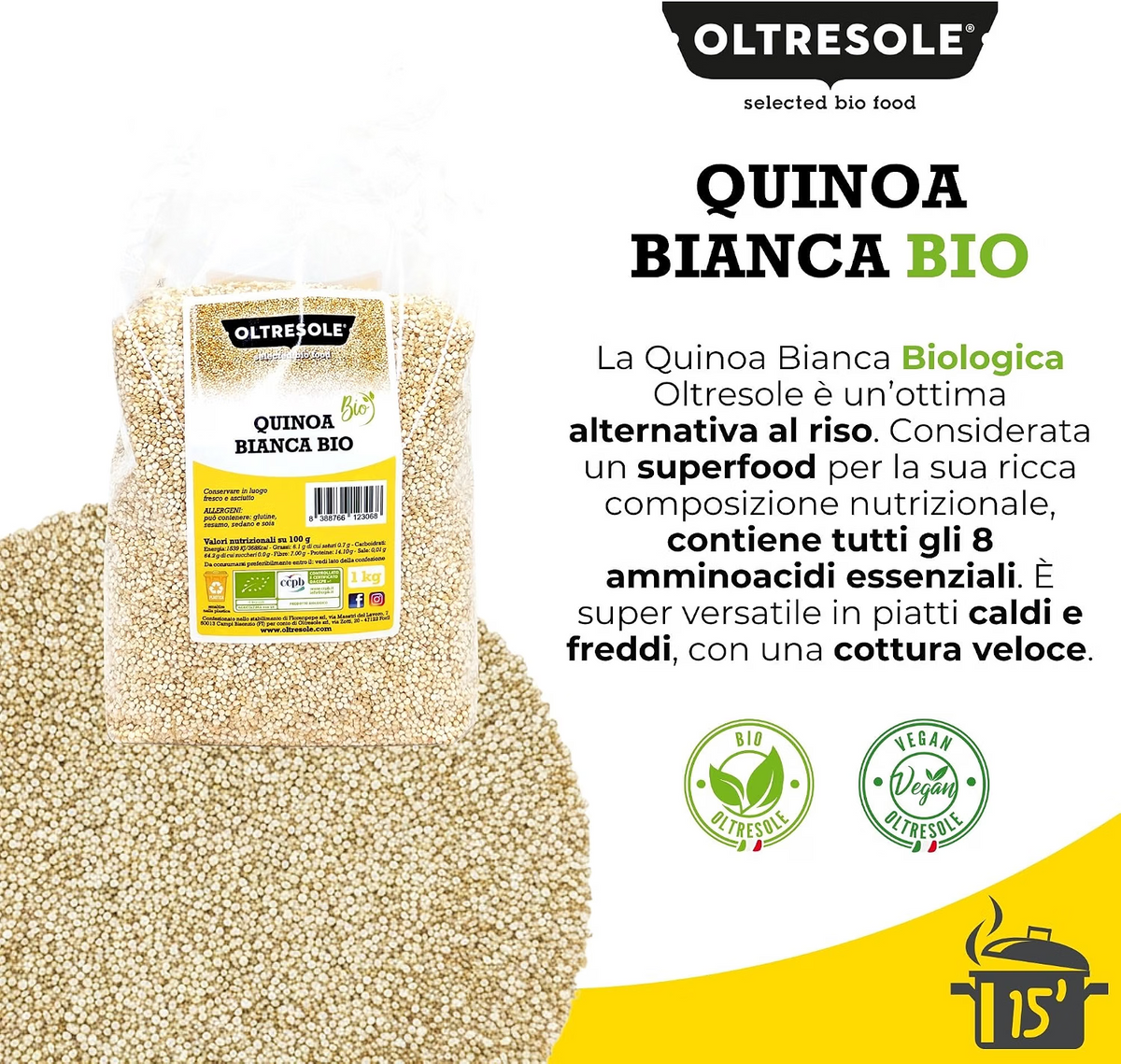 Oltresole Organic White Quinoa Bio 1kg – Italian organic quinoa packaging and white quinoa grains, a versatile alternative to rice for hot and cold dishes.